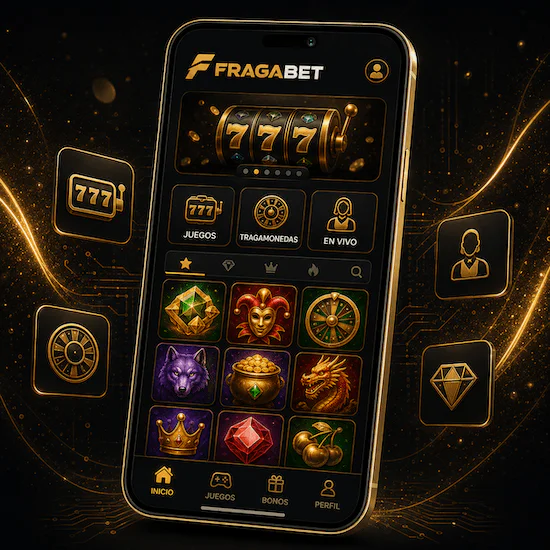 Interfaz móvil de Fragabet Casino Chile con tragamonedas, juegos en vivo y opciones de navegación.