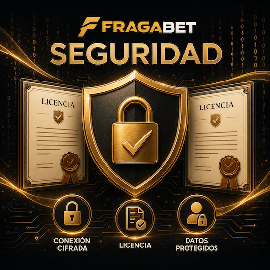 Seguridad de Fragabet Casino representada con escudo, candado, licencia y protección de datos.
